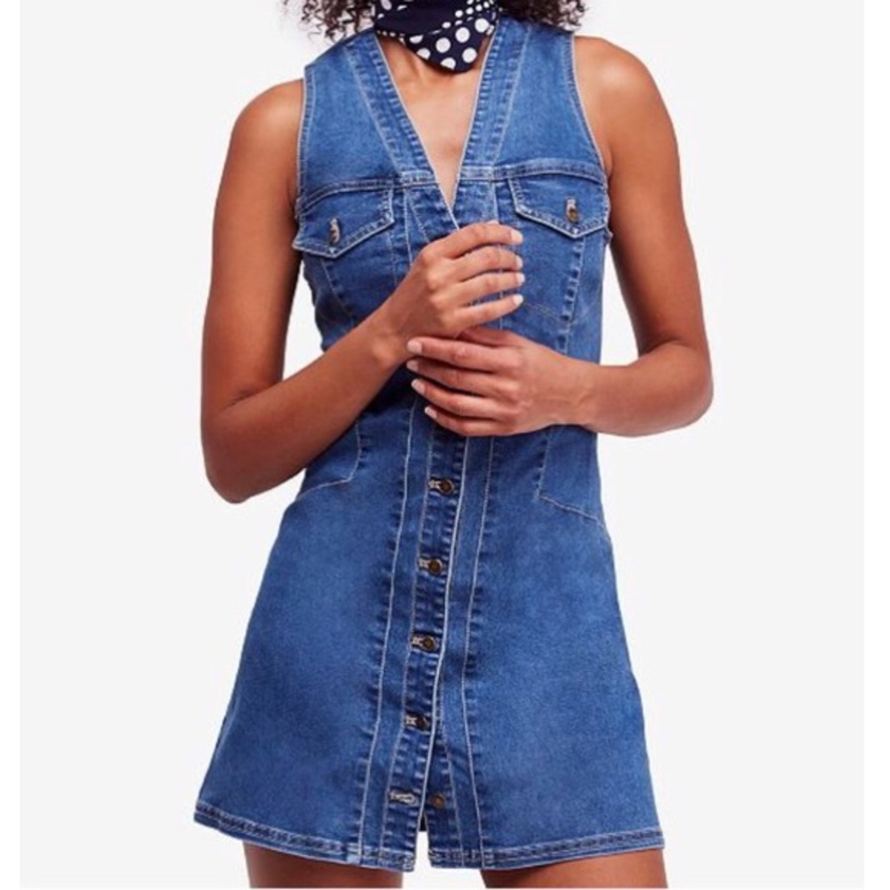 Free People Wandering Star Denim Mini Dress 12 - Picture 1 of 13